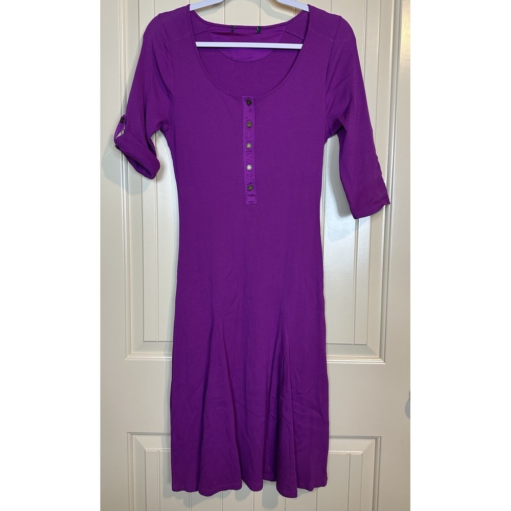 Lauren Ralph Lauren‎ Ribbed Henley fit flare Dress Sz S Purple midi 1/2 Sleeve